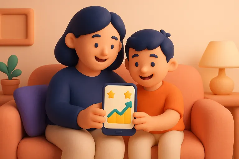 Mãe e filho no sofá olhando a evolução no celular