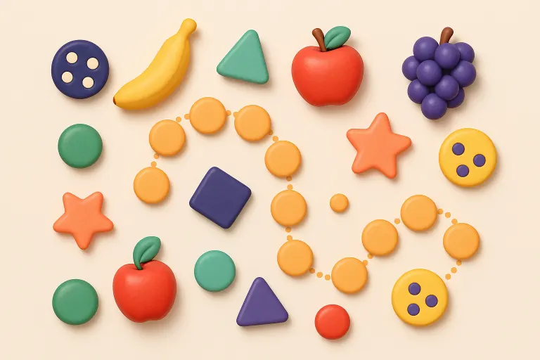 Peças de jogo coloridas: frutas, formas geométricas, dados e um caminho de círculos